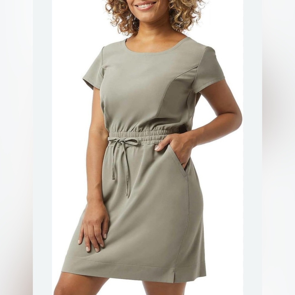32 Degrees Women’s Soft Twill Drawstring T-Shirt Dress Pockets Shadow Green L